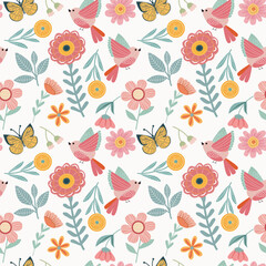 Cute spring birds and flowers seamless vector pattern