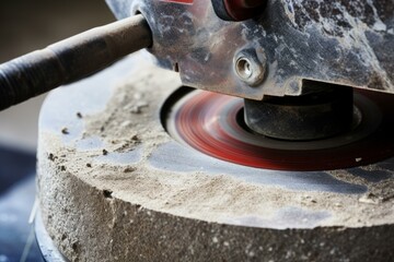 Close up of a surface grinder machine polishing a stone block with a rotating disc, creating dust and smooth surface