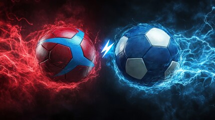 Naklejka premium Versus football vector banner. VS battle sports soccer illustration. Confrontation concept competition match game. Red and Blue ball with thunderbolt on dark background.