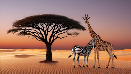 Giraffe with Zebra against Akacia Tree In Desert, Animals In Desert, International Wildlife Week, World Wildlife Day, National Wildlife Day, National Animal, Religious Animal, Generative Ai