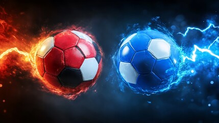 Naklejka premium Versus football vector banner. VS battle sports soccer illustration. Confrontation concept competition match game. Red and Blue ball with thunderbolt on dark background.