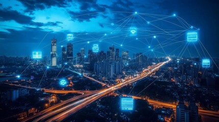 Fototapeta premium Interconnected technology enhancing urban life through sensors and data lines.