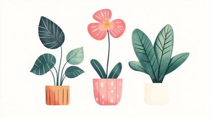Illustrated potted plants, floral design, white background, home decor