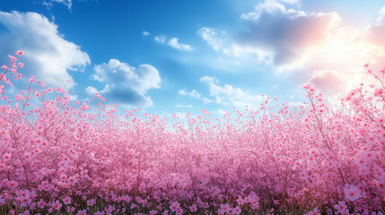 Obraz premium An expansive field of cherry blossoms under a vibrant blue sky and fluffy white clouds capture the essence of springtime beauty.