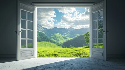 Financial freedom concept with open doors leading to green outdoor landscape