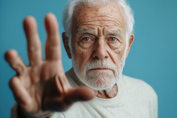 Senior man making stop sign with hand on blue background