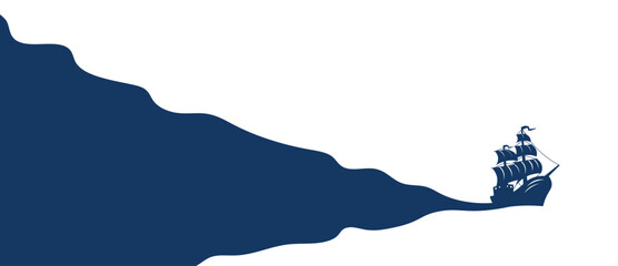 Silhouette of a ship in the sea. Minimalist background. Flat design illustration. Can used fot presentation, marketing, advertising, banner, card, etc.