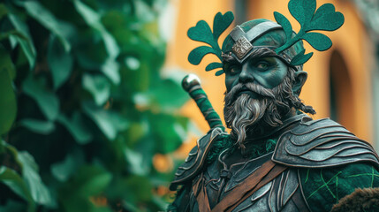 Fototapeta premium A stylish woman with floral headwear poses elegantly in a vintage outfit against a bustling street backdrop.