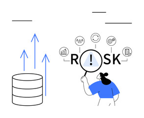 Magnifying glass over the word risk highlighting danger icons growth arrows pointing from a database. Ideal for data analysis, financial risk, process monitoring, tech growth, decision-making
