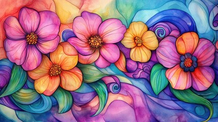 Vibrant Watercolor Floral Artwork Featuring Abstract Swirls