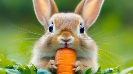 Fototapeta premium Rabbit is holding a carrot in its mouth. The rabbit is looking at the camera with a curious expression. Concept of innocence and playfulness