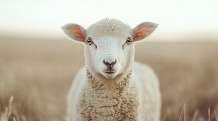Obraz premium Close-up of a fluffy white lamb in a field.