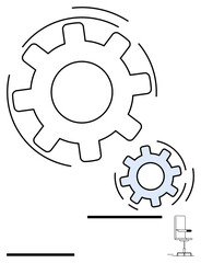 Interlocking gears of different sizes in motion paired with a sleek office chair. Ideal for teamwork, work-life balance, problem-solving, organization, productivity, innovation, abstract line flat
