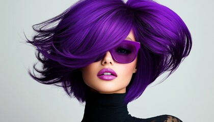 Obraz premium Woman with purple hair and sunglasses. She is wearing a black shirt and a black hat