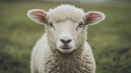 Fototapeta premium Close-up of a young, fluffy white sheep looking directly at the camera in a green field.
