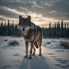 Obraz premium A wolf with glowing footprints leading into a white horizon.