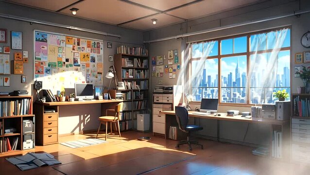 Student dormitory room with bunk, laptop on desk, office chair and bookshelf. Vector cartoon interior of empty dorm bedroom or hostel apartment with wooden bed with ladder and table