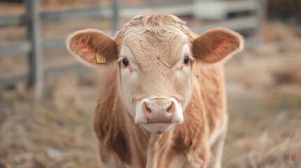 Close-up of a young, light brown calf looking directly at the camera.
