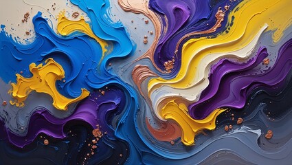Vibrant and expressive acrylic abstract painting featuring a dynamic interplay of swirling shapes and colors, with bold brushstrokes and textures that evoke a sense of energy and movement, set against