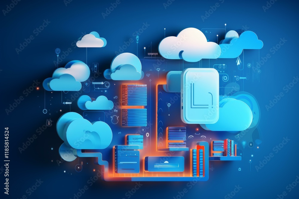 Poster servers and databases transferring data in the digital cloud, representing cloud computing and data 