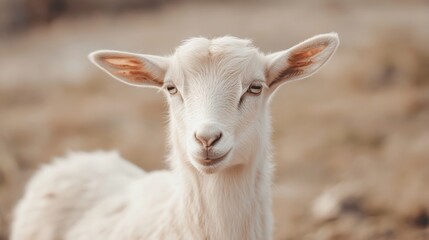 Obraz premium Close-up of an adorable white baby goat looking directly at the camera.