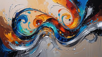 Vibrant and expressive acrylic abstract painting featuring a dynamic interplay of swirling shapes and colors, with bold brushstrokes and textures that evoke a sense of energy and movement, set against