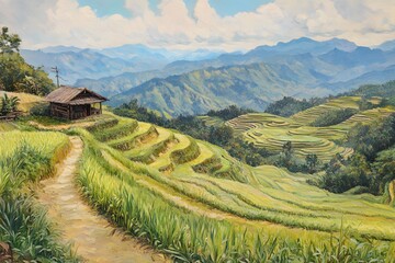 Naklejka premium Mountain Rice Terraces Hut Path Landscape Painting