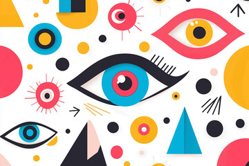 colorful, trendy evil eye pattern with flat design elements, featuring vibrant hues and bold shapes. The pattern exudes a modern, playful vibe and is perfect for fashion, accessories, or home decor.