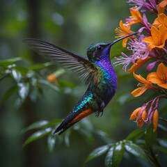 Obraz premium A dazzling violet-capped woodnymph hovering near vivid orange blossoms in a magical rainforest.