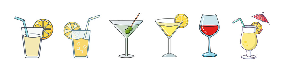 Illustration of Classic Cocktails and Refreshing Drinks - A colorful illustration featuring six beverages, including lemonade, martinis, wine, and tropical cocktails with garnishes and straws.