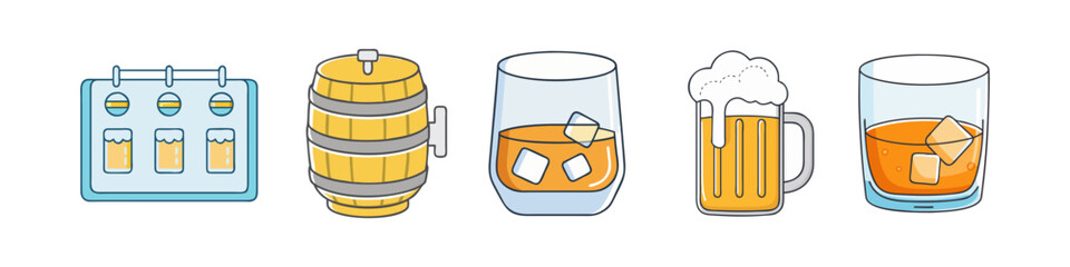 Illustration of Whiskey, Beer, and Barrel Drinks  - A stylish illustration featuring whiskey glasses, a beer mug, a barrel, and a flight of craft beer, perfect for beverage themes.  