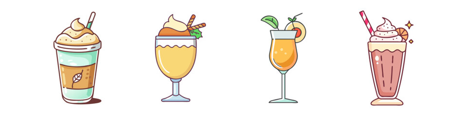 Illustration of Various Colorful Drinks - A vibrant illustration featuring four colorful drinks, including coffee, cocktails, and a milkshake, perfect for beverage-related themes.