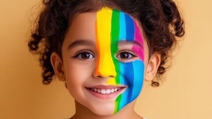 Naklejka premium Young girl with rainbow painted on her face is smiling. The colors of the rainbow are bright and cheerful, giving the image a happy and playful mood
