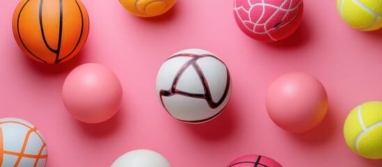 Obraz premium Colorful Balls on Pink Background: A vibrant collection of various sports balls arranged artfully on a soft pink backdrop, showcasing texture and playful design.