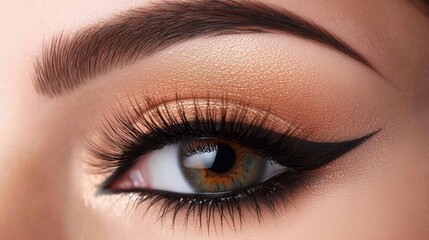 Obraz premium Beautiful macro shot of female eye with extreme long eyelashes and black liner makeup. Perfect shape make-up and long lashes. Cosmetics and make-up. Closeup macro shot of fashion eyes visage
