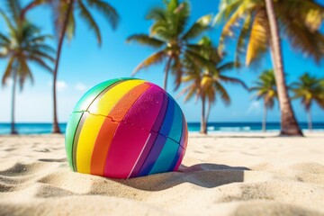 Vibrant beach ball sits on the sand of a tropical beach with palm trees, perfect for summer vacation fun