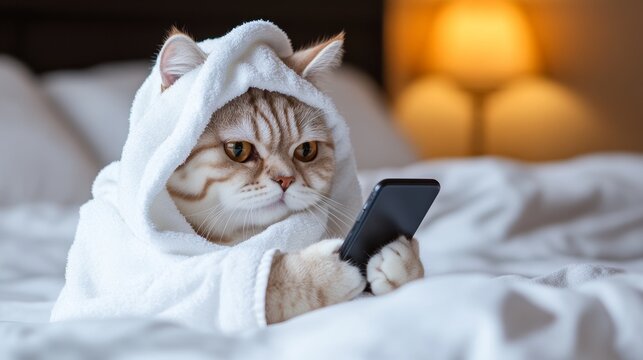 Cat is sitting on a bed with a white towel on it and holding a cell phone. The cat appears to be enjoying its time on the phone, possibly browsing the internet or playing a game