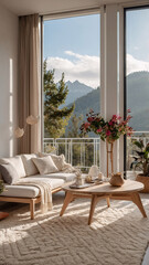Fototapeta premium Cozy boho balcony with comfortable seating lush greenery natural elements and panoramic mountain view Bohemian Style Interior Design Stock Photo Inspiration