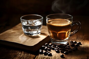 Steaming espresso, water, book, beans, wood, dark background, cafe, beverage