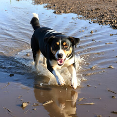 Dog running through water onto dry land