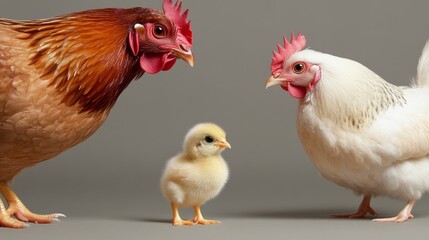 Fototapeta premium Three chickens are standing next to each other, with the smallest one being a baby chick. Concept of family and togetherness, as the three chickens are all related and standing close to each other