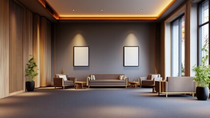 Elegant luxury living room with warm taupe tones and richly designed decor, creating a cozy, inviting atmosphere.