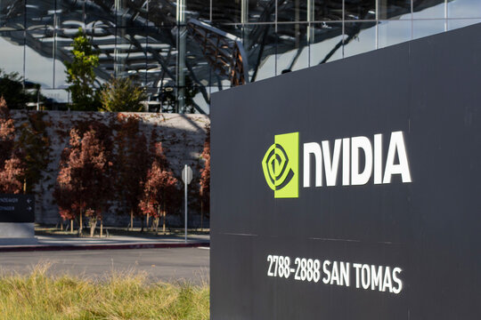 Santa Clara, CA, USA - Nov 28, 2024: NVIDIA sign is seen outside of the Voyager Building on NVIDIA's headquarters campus in Santa Clara, California. NVIDIA is an American graphics and AI chipmaker.