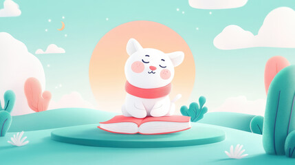 Adorable Kitten Resting on a Book in a Serene Landscape: A 3D Rendered Illustration