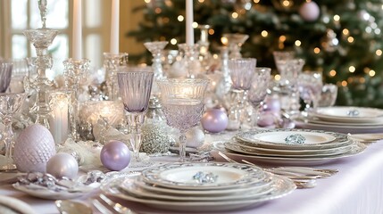 Elegant Christmas Table Setting With Silver And Lavender Accents