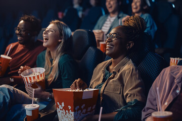 Cheerful black woman laughing while watching movie with friends at cinema.
