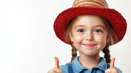 Young girl wearing a red straw hat and blue shirt is smiling and giving a thumbs up. Concept of happiness and positivity