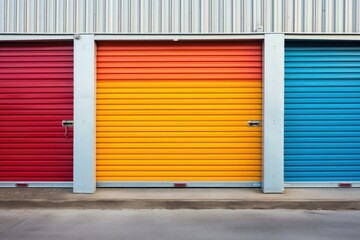 Three colorful self storage units showing primary colors, red, yellow and blue, closed and locked