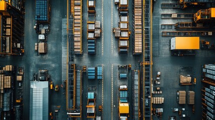 Aerial View of a Busy Industrial Logistics Center:  Efficient Cargo Handling and Transportation