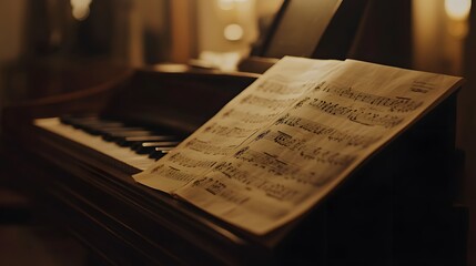 Sheet Music Rests on an Old Piano Keyboard